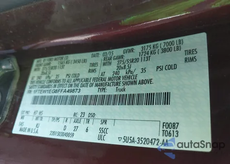 2015 Ford F-150 King Ranch z USA, uszkodzony, nr VIN 1FTEW1EG8FFA49873